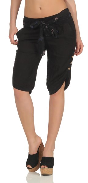 kurze Leinen Hose mit Gürtel Unifarben 8186 (schwarz, L)